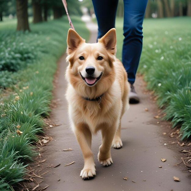 Фото Собака бежит по тропинке с человеком, идущим по ней.