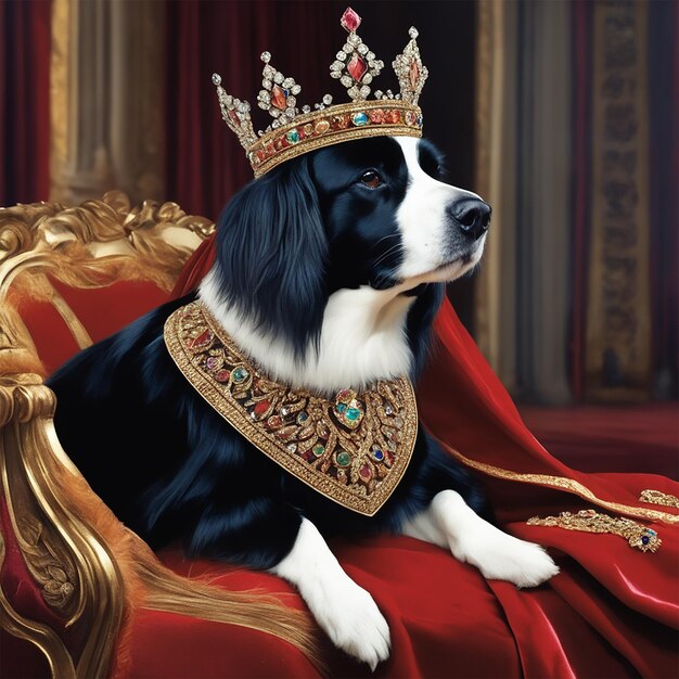 Фото Собака сидит на красном стуле с короной.