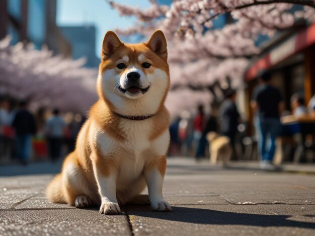 사진 개 한 마리가 뒷면에 체리 꽃나무와 함께 보행로에 앉아 있다.