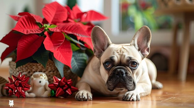 写真 頭の上に赤い弓で木の床に横たわっている犬