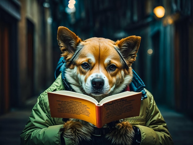 写真 ミステリー小説を読んでいる犬