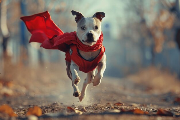 写真 麗な赤いスカーフを首に巻いて優雅に走る犬