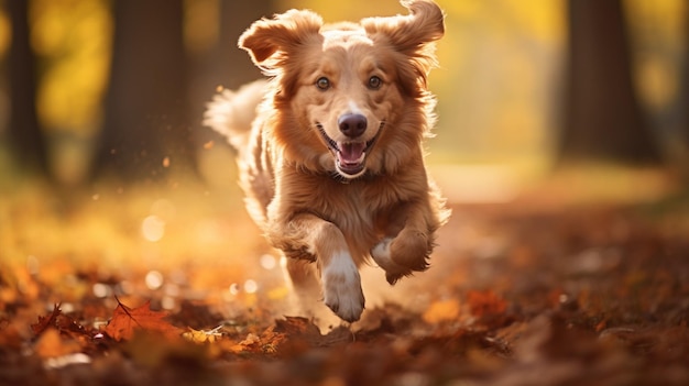 写真 耳を上げて葉の中を走る犬