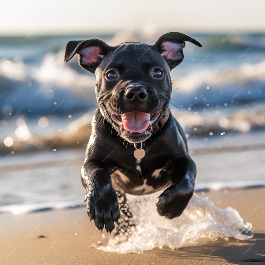 愛という文字を書いてビーチを走る犬