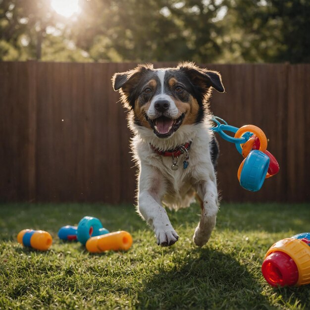 Фото Собака, бегущая с игрушками во рту и собака на заднем плане