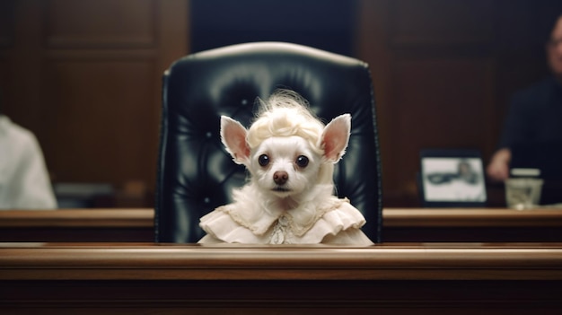 写真 法廷で裁判官の椅子に座る犬