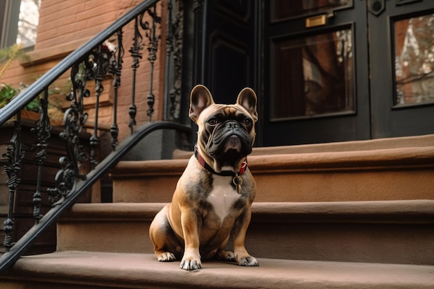 写真 建物の階段に犬が座っている