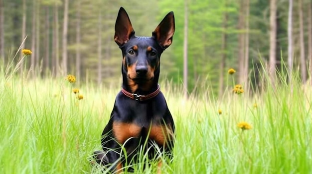 写真 芝生のフィールドに座っている犬