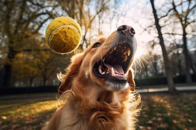 写真 公園でボールで遊んでいるときにくしゃみをする犬