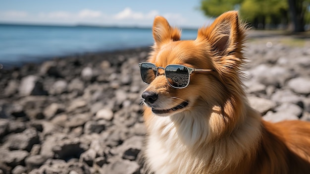 A_dog_standing_on_the_beach_wearing_sunglasses