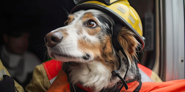 Фото Собака в шапке пожарного и желтой кепке пожарного