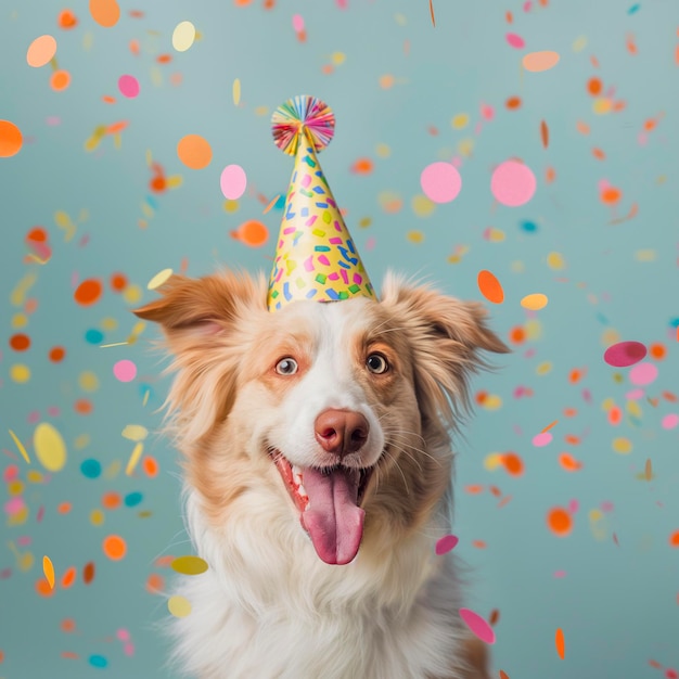 写真 パーティーの帽子をかぶった犬その上に誕生日おめでとうと書いてある