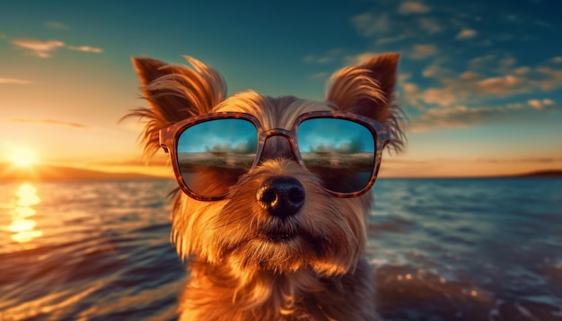 Фото Собака в темных очках смотрит на закат