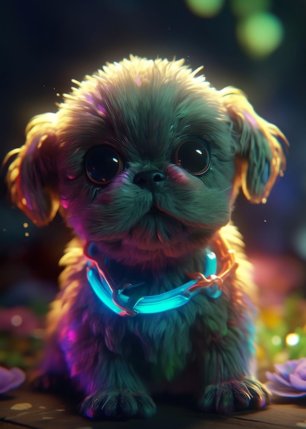 Фото Собака с голубым светом в темноте.