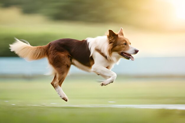 写真 水の中を走っている犬と書かれた襟をかぶった犬