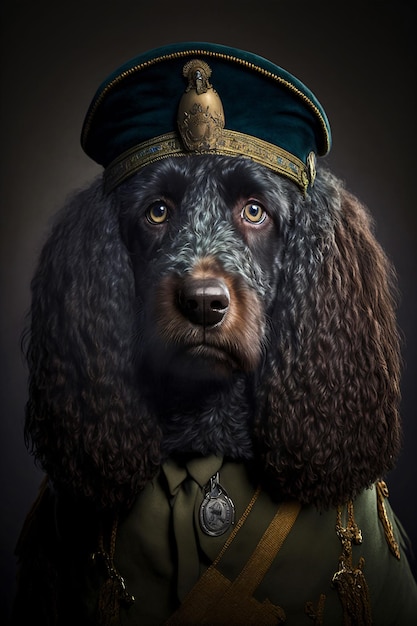 写真 軍服を着て頭に金のボタンをつけた犬。