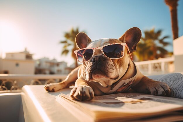 写真 ファッションのサングラスを着た犬が屋根の上に横たわってビーチを旅しています