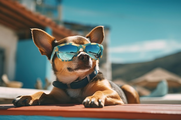 写真 ファッションのサングラスを着た犬が屋根の上に横たわってビーチを旅しています