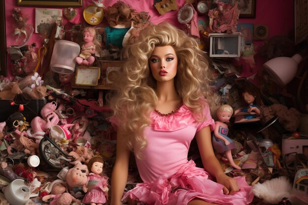 写真 ピンクのドレスを着た人形とピンクのドレスを着た人形