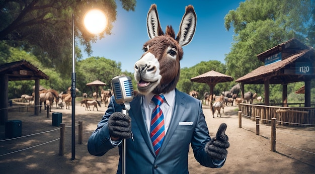 Foto a donkey character wearing a suit delivering a speech on a podium