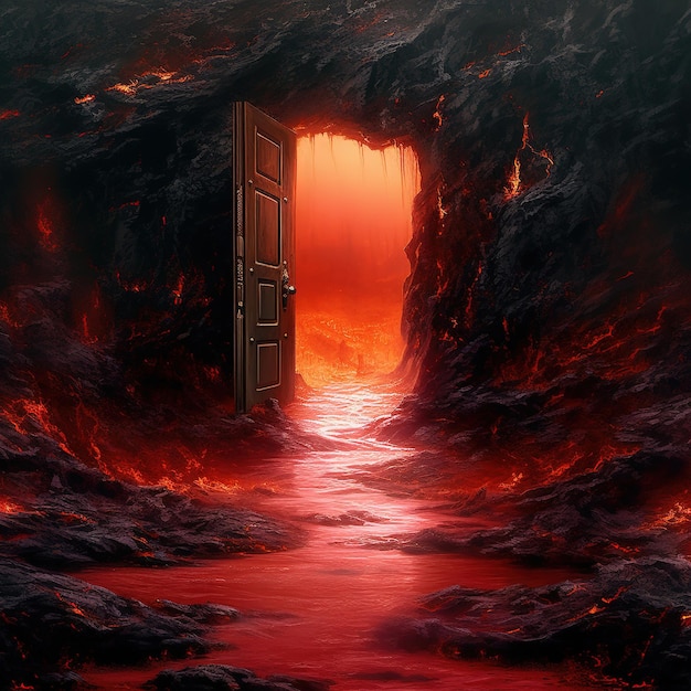 Фото Дверь в лавовом ландшафте с огнем, горящим внизу