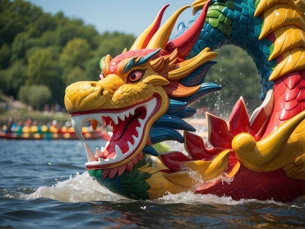 Фото Лодка дракона с головой дракона в воде с людьми на заднем плане