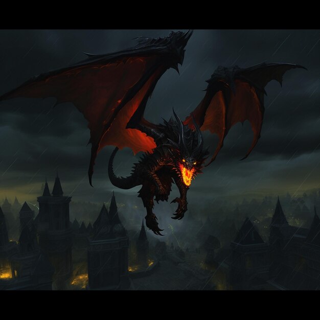 Фото Дракон с красным хвостом летит над городом.