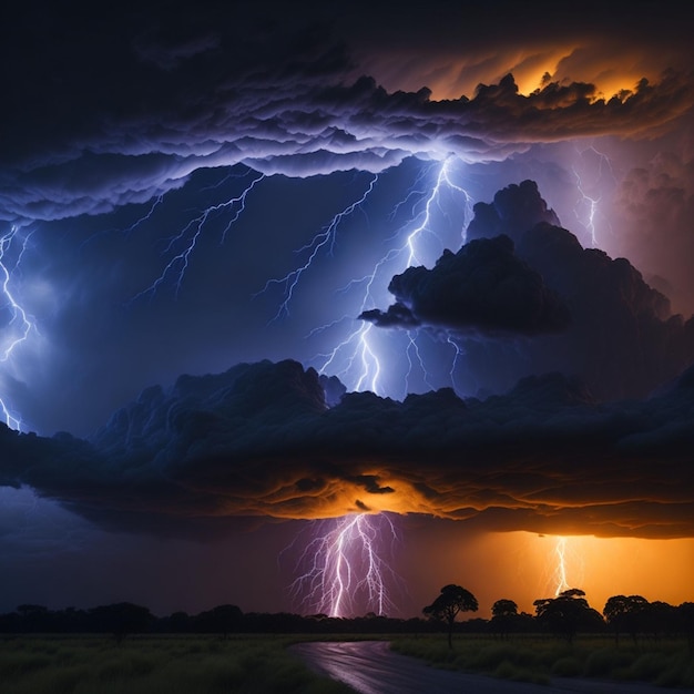 写真 稲妻が空を照らし、雷が空を駆け抜ける劇的な雷雨