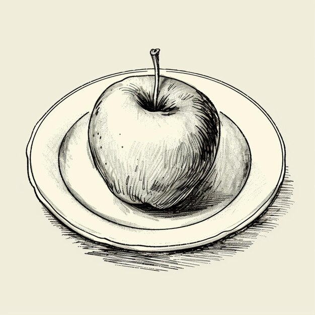 写真 その中にナイフがついた皿にリンゴの絵を描く