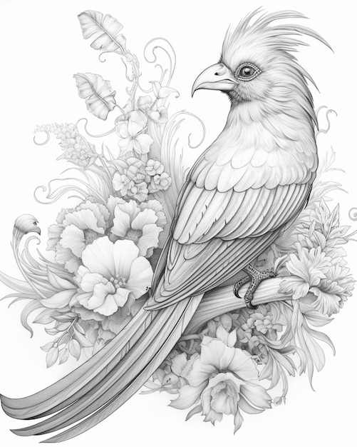 Фото Рисунок птицы, сидящей на ветке с цветами