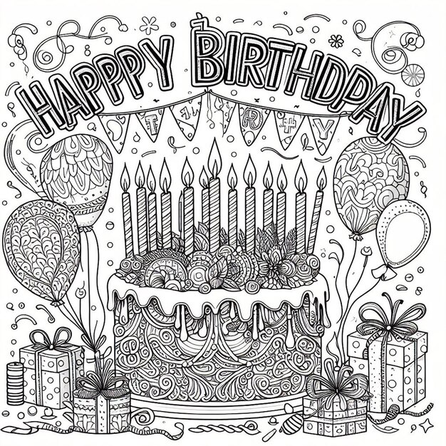 Фото Рисунок торта на день рождения с тортом и воздушными шарами на нем