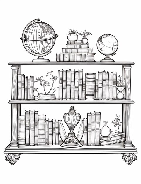 Фото Рисунок книжной полки с книгами и глобусом