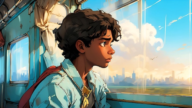 写真 窓の外を眺めている少年と背景の都市の絵