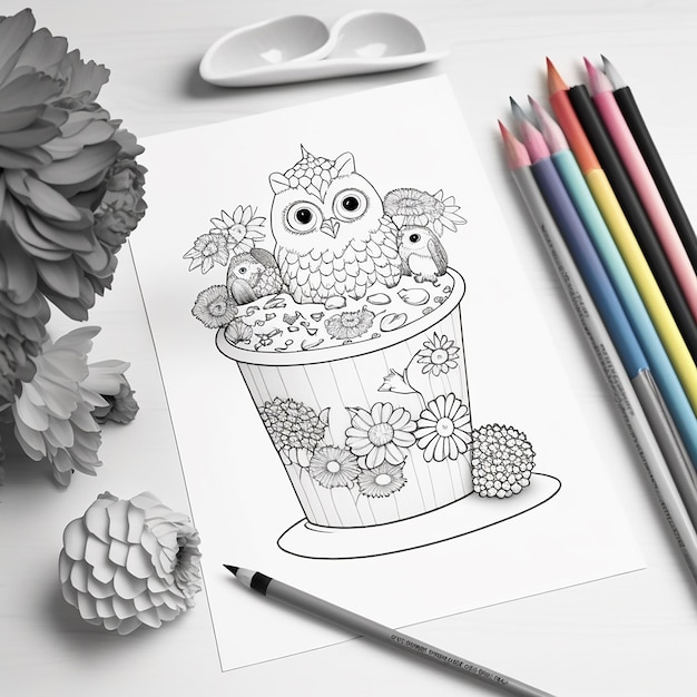 写真 フクロウの絵が描かれたバケツの絵。