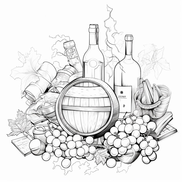 写真 ワインのボトルとブドウの群れの図面