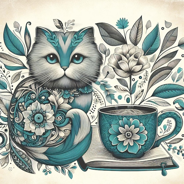 Фото Рисунок кошки с чашечкой чая и картинкой кошки