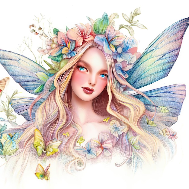 Фото Рисунок феи с цветочной короной и бабочками на ней.