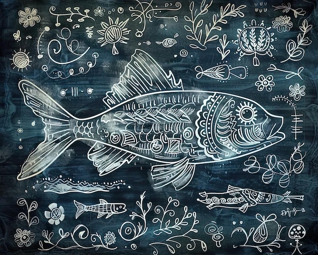 写真 黒板に描かれた魚の絵