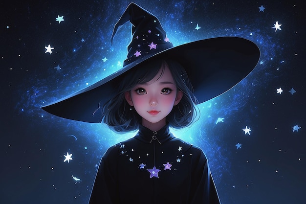 사진 별이 있는 마녀 모자를 입은 소녀의 그림