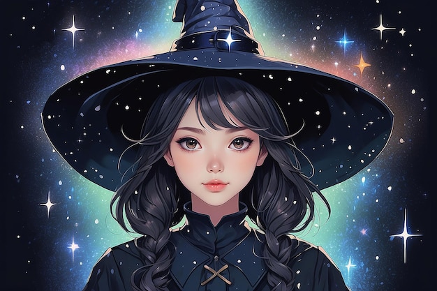 사진 별이 있는 마녀 모자를 입은 소녀의 그림