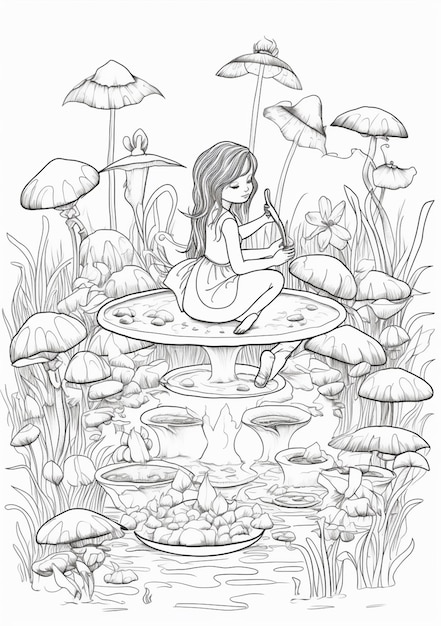 Фото Рисунок девушки, сидящей на лилии в пруду