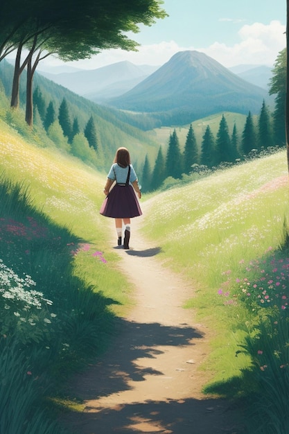 사진 드레스를 입은 소녀의 그림은 숲의 길을 걸어 아름다운 녹색 산을 마주하고 있습니다.