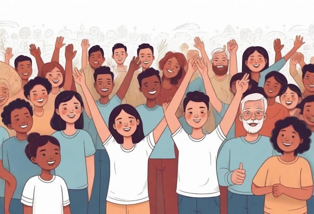 Фото Рисунок группы людей с поднятыми руками в воздух