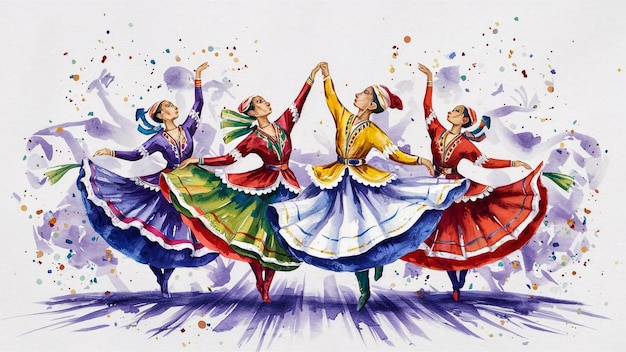 Фото Рисунок группы женщин, танцующих в красочных платьях