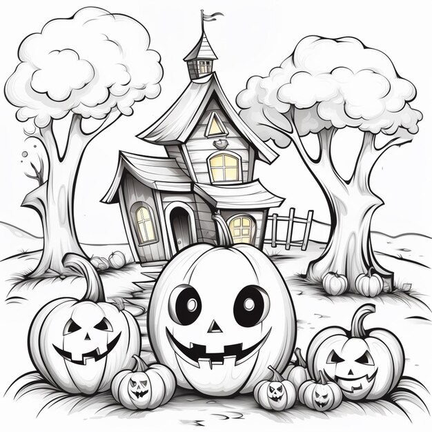 Фото Рисунок дома с тыквой на хэллоуин и джеком о фонарь генеративный аи