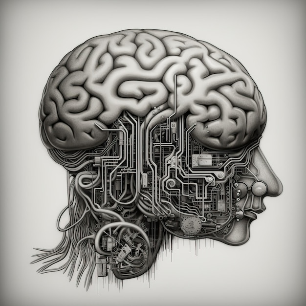 Фото Рисунок человеческого мозга с печатной платой и печатной платой.