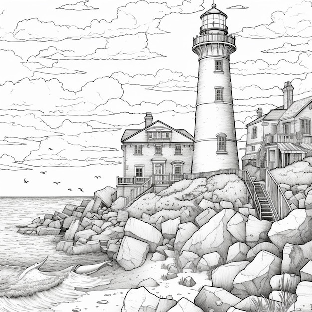 写真 岩の岸に灯台を描いて背景に家を描いている