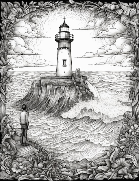 写真 波が発生する岩の岸にある灯台の絵