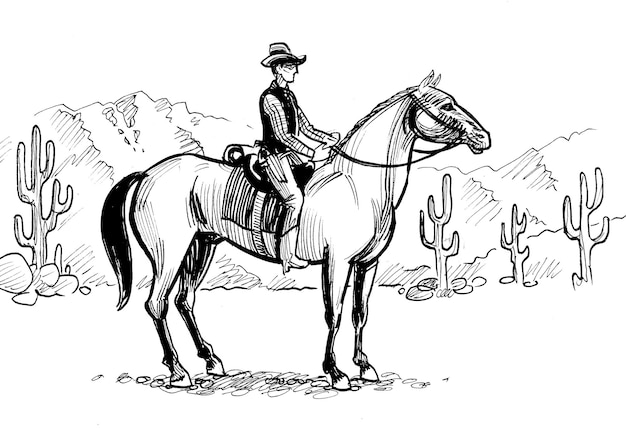 사진 카우보이 모자를 쓰고 말을 타고 있는 남자의 그림.