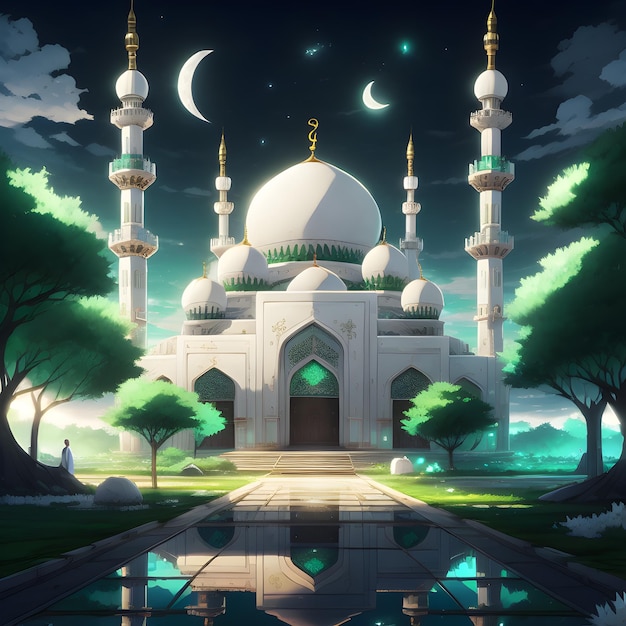 Фото Рисунок мечети с луной и луной на заднем плане.